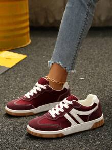 2025 Autumn Women's Color Block Patchwork Casual Sneakers, Fashionable And Versatile Flat Trainers, Suitable For Walking, Daily Commute Wear, Student Lace-Up Skate Shoes