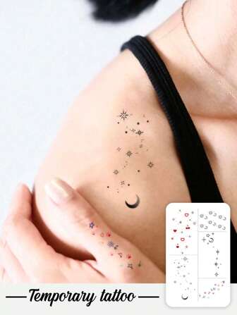 Tatuajes temporales impermeables y resistentes al sudor con diseños de cielo estrellado, luna, sol y corazón en estilo parchwork colorido, de material PVC en estilo minimalista Y2K, adecuados para uso diario