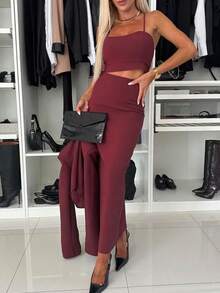 Moda europeia e americana elegante colete sexy costas cruzadas saia longa justa casual jaqueta curta de manga comprida feminina terno de três peças - Borgonha - Ver 5