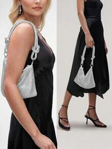 Lightweight, Business Casual Rhinestone Decor Bucket Bag Mini Drawstring Design, Clear Bag Faux Pearl Bag Evening Bag, Dinner Bag Glamorous, Elegant, Exquisite, Quiet Luxury Rhinestone For Party Girl, Woman, Bride Perfect For Party, Dinner/Banquet Christmas Party Dress, Perfectly Matching With Bridal Party, Best Choice Elegant Bag For Bridal Shower,Rhinestone Purse Sparkly Evening Bag Silver Clutch Purses For Women Evening, Cross Body Handbags For Party Prom Club Wedding - 彩色 - 查看 5