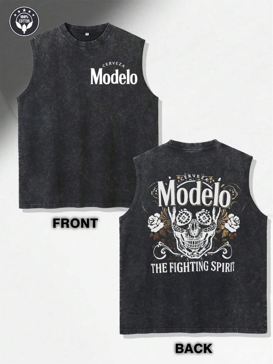 THE FIGHTING SPIRH Prints Print New Men's Premium Printed 230G Heavy Pure Cotton Washed And Aged Waistcoat Sleeveless Vest Men's T-Shirt, Summer Casual T-Shirt Casual T-Shirt - màu đen - Xem 1