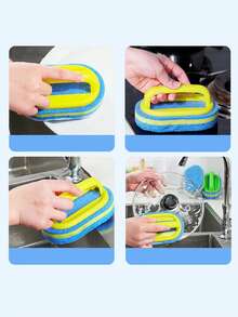 1 pieza Cepillo de limpieza multifuncional con mango (color aleatorio), cepillo de baño para azulejos y baldosas engrosado y ampliado, cepillo de limpieza para ollas y fregaderos, con esponja fuerte para fregar, apto para limpieza multiusos, incluyendo baños, cocinas y pisos, puede limpiar eficazmente manchas de grasa en bañeras, azulejos, estufas y vidrio.
