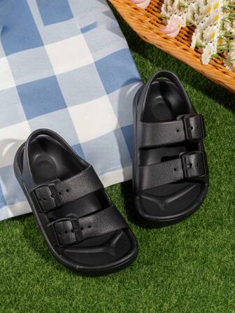 1 Pair Unisex Sandals, Summer Children Flat Shoes, Two-Way Slippers, Slip-On, Open Toe, Pink & White Button Decor, Vacation Style, Suitable For Beach, Travel, Daily Wear