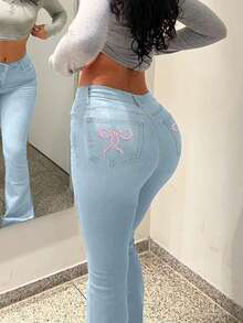 Y2K Women's Long Flare Leg Denim Jeans With Cute Bow Accent Casual Plain High Stretch Fit With Button Zipper Pockets - 淺色水洗藍 - 查看 7