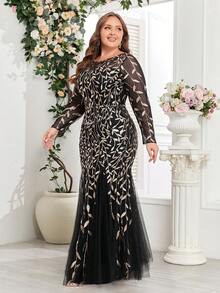 Đầm dạ hội dáng đuôi cá cỡ lớn thêu hoa đính sequin, đầm dài tay thanh lịch, thích hợp cho lễ tốt nghiệp, dạ tiệc, các buổi tiệc trong mọi mùa, màu đen xuân. - màu đen - Xem 5