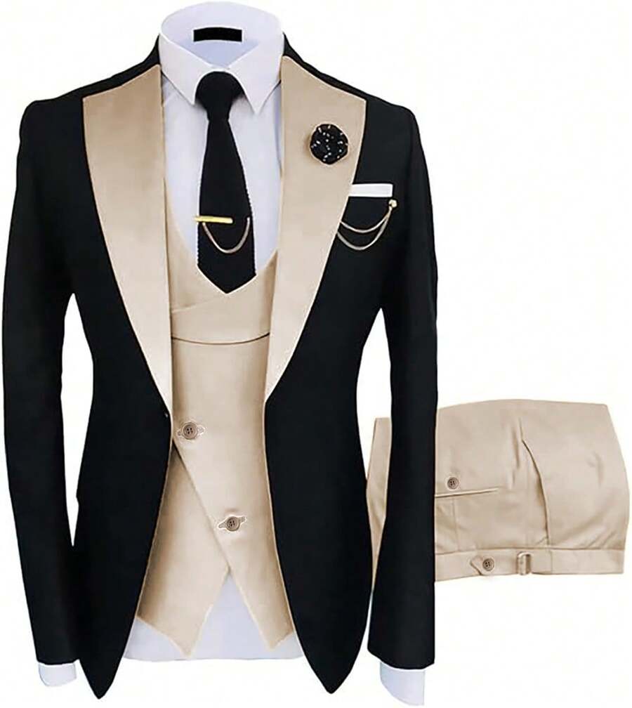 Tuxedo For Men 3 Piece Men's Suits Slim Fit Mens Suit Double Breasted Tux Blazer Vest Pants Wedding Suits Man - Rượu sâm banh - Xem 1