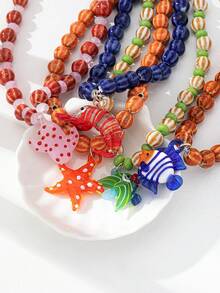 1 chiếc vòng cổ hạt gốm thủ công dành cho nữ, vòng cổ hạt bí ngô nhiều màu với mặt dây chuyền hình xương rồng và sao biển hình con tôm hùm (Màu sắc và hình dạng ngẫu nhiên) - Nhiều màu - Xem 1