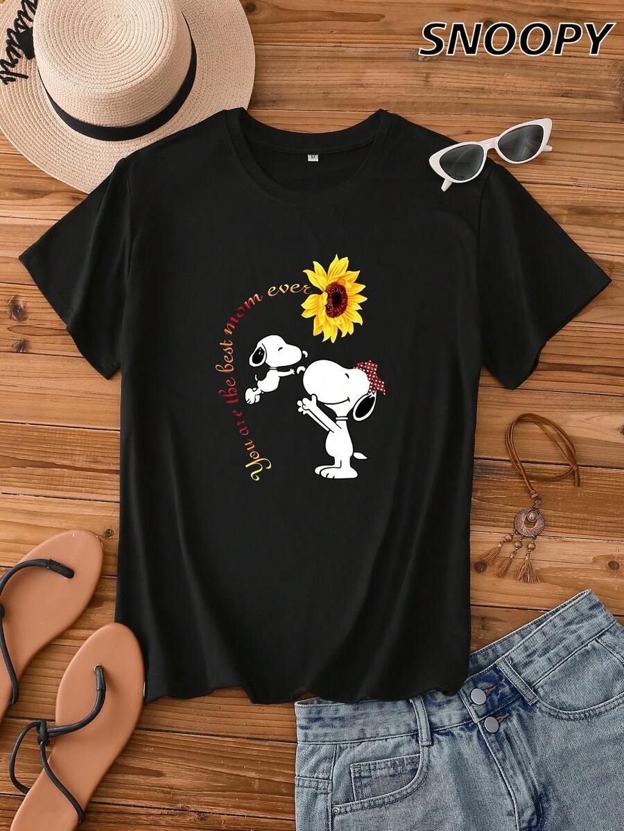 SNOOPY 你是最好的妈妈 向日葵夏季休闲短款卡通印花女式可爱漫画印花针织衫女式短款T恤 - 黑色 - 查看 1