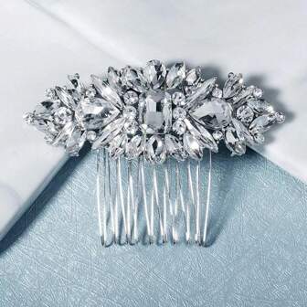 1pc Luxury Bridal Hair Accessory, Pearl & Rhinestone Alloy Hair Comb, Silver Color