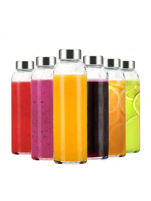 Clear Glass Bottles With Lids 18 Oz, Reusable Glass Water Bottles With Stainless Steel Cap For Juicing, Refrigerator,100% Leak Proof, Juice Water Bottle Set Of 6