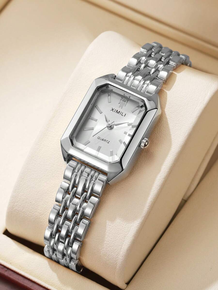 1 pieza Reloj de pulsera de cuarzo elegante para mujer, con correa de acero, esfera cuadrada, estilo clásico de lujo (1 pieza/set), caja de reloj no incluida