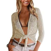 Womens Sheer Shrug Sweaters 3/4 Sleeve Open Front Tie Cardigan Bolero Jacket Lightweight Crochet Knit Cover Up Tops - Màu be - Xem 1