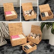 1 件/3 件（S+M+L）带盖矩形柳条收纳篮，波西米亚风格水葫芦编织收纳篮，内置手柄，手工编织收纳篮，用于客厅架子，卫生纸，桌面杂物，玩具，钥匙，化妆品，客厅装饰，带手柄收纳篮，用于衣柜、书桌、书架的储物箱，玩具整理 - 卡其色 - 查看 6