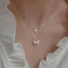 1 Double Necklace With Butterfly Pendant | Sparkling Embellishment, Exquisite Chain Jewelry, Suitable For Daily And Party Wear, Retro Minimalist Style, Versatile Accessories, Exquisite Beaded Women's Model - 銀色 - 查看 3