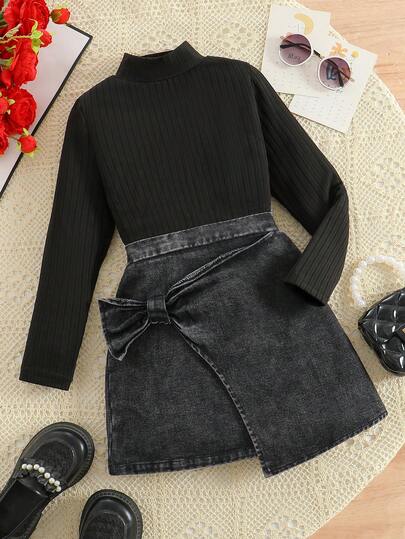 2 Stücke/Set Tween-Mädchen Minimalist schwarze Langarm-Top mit hohem Kragen und Schleifendesign schwarzer grauer Rock Anzug, Frühling/Sommer 2025