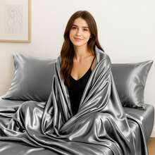 Lux Decor 4-Piece Satin Sheet Set, Silky Soft Polyester Bed Sheets With Deep Pocket Fitted Sheet, Breathable Cooling And Refreshing Bedding, Soft Touch, Washable Bed Linen For Home, Bedroom And Guest Room - 深灰色 - 查看 2