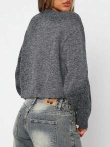 Casual Solid Color Minimalist Single-Breasted Crew Neck Cardigan Sweater, New Autumn Series, Women Autumn Apparel - Grey - View 3