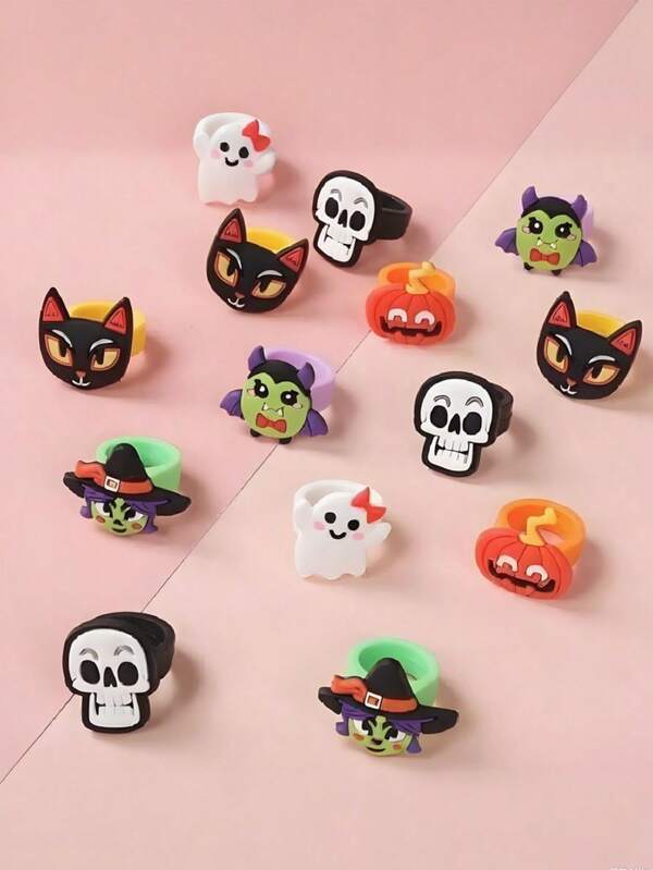12/24pcs Cute Halloween Rings Set, Cartoon Halloween Silicone Ring,Pumpkin, Ghost, Black Cat, Skull, Witch Designs Ring For Halloween Party Favors, Costume Party, Themed Party Decoration Accessories, Trick Or Treat Decorations