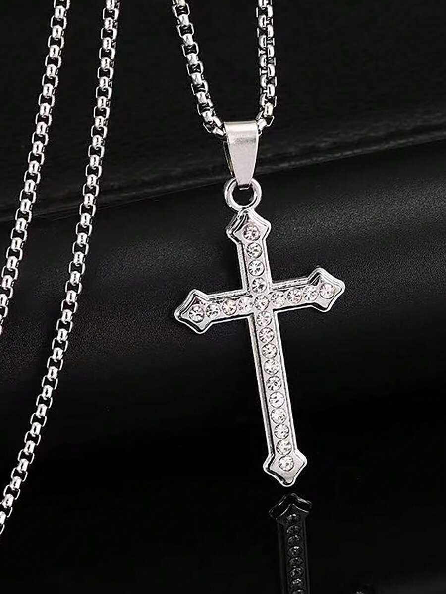 1 件简约水钻不锈钢十字架项链，百搭高端毛衣链，全冰花十字架吊坠项链，欧美日常佩戴 - 彩色 - 查看 1