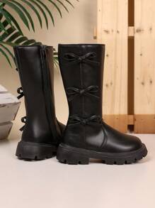 1 双幼儿女童柔软舒适 PU 皮革蝴蝶装饰侧拉链圆头保暖衬里高帮靴，适合 3-15 岁女孩，日常、度假、上学、秋冬