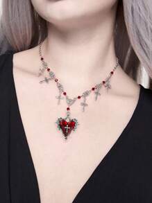 复古哥特式深色 Y2K 哥特红十字心形多层串珠项链，蝙蝠十字甜美朋克风格项链配饰女士 - 紅色 - 查看 2