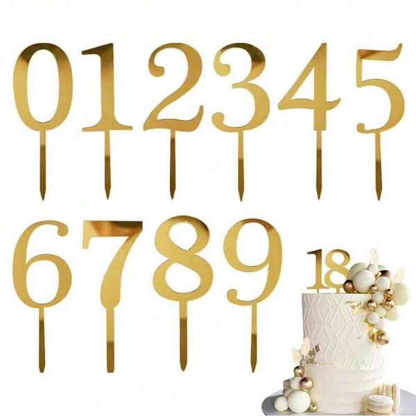 1/10 PIEZAS Decoración de tarta de números de acrílico 0-9 Números dorados Decoraciones de tarta de cumpleaños feliz Decoraciones de tarta de boda y aniversario Decoraciones de cupcakes para decoración de tartas