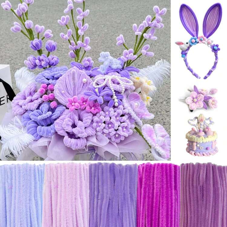 パイプクリーナーセット 紫色 250/500個入り、太いシェニールステム アート&クラフト用、動物、花、お祝いの装飾作りに最適、花用パイプクリーナー、クラフト用品キット、アートプロジェクト活動のアイデア - パープル - 見る 1