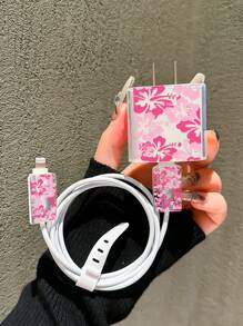 4 件粉色夏季芙蓉花手机充电器保护壳，数据线整理器套装 - 20W/18W 充电器适配器，适配器头盖，兼容 Apple 11/12/13/14/15/16/13promax/16promax，男女通用的礼物，数据线保护器，充电器配件，手机配件