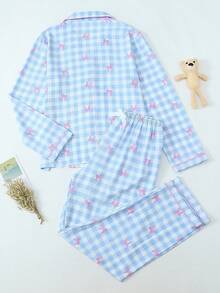 [Elegant Fields]2pcs Plaid Bow Print Pajama Set, Long Sleeve Lapel Top And Bowknot Pants, Women Sleepwear Loungewear, Autumn/Winter, Fall Clothes - Baby Blue - View 2