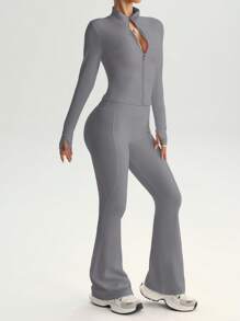 FWH 2pcs/Set Street Style Bodycon Outfit, Includes Thumb Hole Sleeve Jacket With Zipper Front And High Waist Flare Pants With Non-Slip Waistband, 4-Way Stretch, Shapewear Design, Confidence Boosting Set For Women - Grey - View 8
