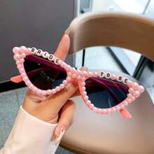 1Pc Women New Full Frame Cat Eye Shaped Fashion Glasses Stylish White Glasses With Faux Pearls Fashion 'Birthday Queen' Letter Frame Multicolor Chic Suitable Birthday Parties And Shows For Summer Beach Vacation,Outdoor,Travel Preppy Style For Back To School