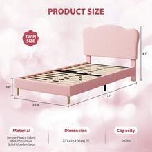 Twin Size Bed Frame For Kids,Upholstered Twin Bed Frame With Adjustable Chic Scallop Headboard, Cute Velvet Princess Platform Bed For Girls/Kids, Solid Wood Slats Support, No Box Spring Needed - Pink + White - View 3