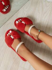 女士纯色蝴蝶结舒适时尚圆头保暖毛绒拖鞋，适合室内外穿着，秋冬季