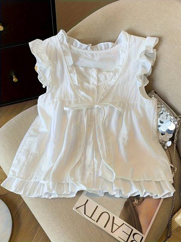 Women's Light Blue V-Neck Blouse With Ruffle Detail - Loose Fit Sleeveless Top, Perfect For Spring/Summer Beach Outings, Button Front & Lace Up Front, Machine Washable Casual Shirt, Summer Fashion, Soft Texture