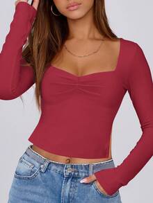 春秋季新款甜心领长袖褶饰侧开衩 Y2K 上衣 T 恤 - 酒紅色 - 查看 4