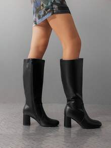 Women's Gogo Boots Square Toe Side Zipper Chunky Heel Solid Color Fashionable Simple Knee High Boots For Women - 黑色 - 查看 2