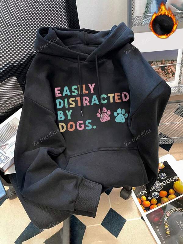 Autumn And Winter Plus Velvet Women's Large Size Fun Cat Paw Letter Print Hoodie, Daily Casual All-Match Retro Hoodie Sweatshirt, Suitable For Outdoor Leisure Streetwear, With Hood And Pocket Design Fall Women Clothes, Women's Loose Sweatshirt