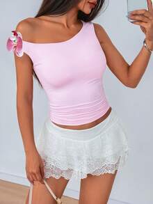 Women's Sleeveless Cold-Shoulder Casual Elegant Fitted Cropped Top, Outdoor Wear, 3D Floral Applique One-Shoulder Daily Commute Blouse, Pink, Suitable For Beach, Date, Party, New Year, Valentine's Day - Pink - View 2