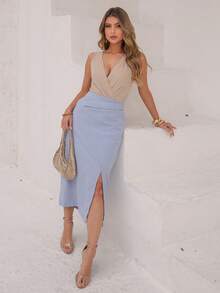 Linen Midi Skirt With Detailed Yoke, Functional Pockets And Charming Slit - 淺藍色 - 查看 3