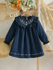 Embroidered Girls' Dress, Ruffle Collar Detailed Embroidery Long Sleeve Loose Dress, Suitable For Casual Outings/Outdoor Leisure Vacations/Princess Style, Spring/Autumn