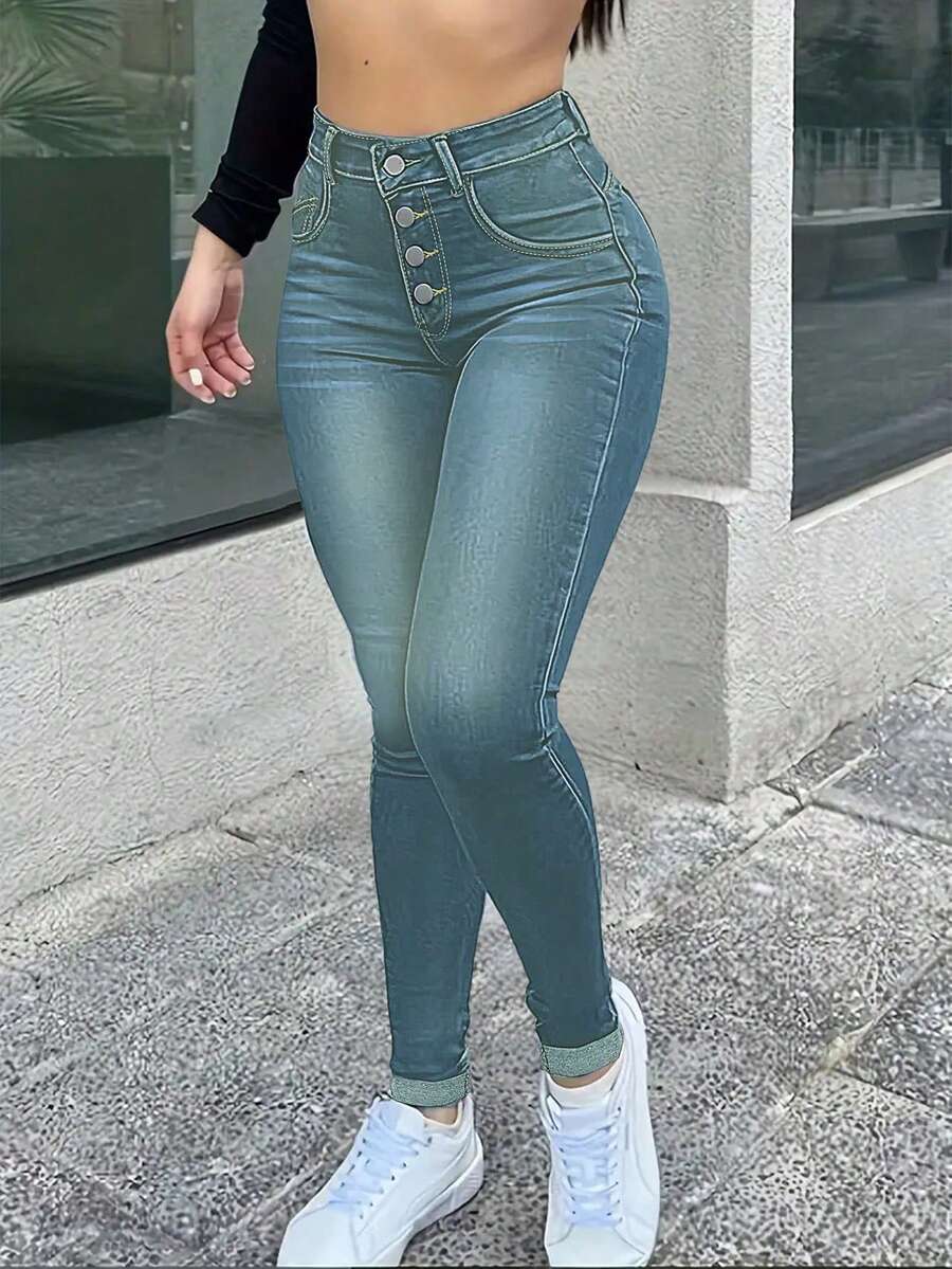 Women's Stretch Skinny Jeans Pants With Multi-Breasted Design, Built-In Zipper And Button, Suitable For Casual Sportswear, Sexy And Casual. - Màu xanh hải quân - Xem 1
