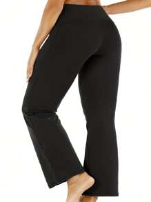 Calças de Yoga com Boca de Sino de Cintura Alta com Bolsos para Mulheres, Calças de Trabalho com Boca de Sino, Calças de Fitness
