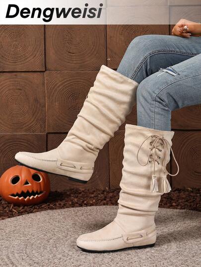 Beige Ruched Boots With Leather Strap, Rivet, Drawstring, Fringe, Foldable Collar, Comfortable Casual Round Toe Versatile Flat Ankle Boots For Fall/Winter