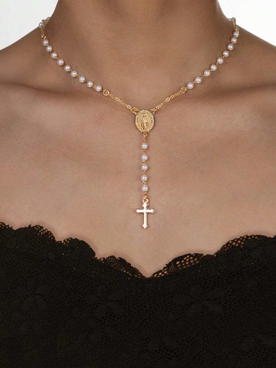 1pc Retro Alloy Cross Pendant, Faux Pearl String, Y-Shaped Chain, Adjustable Ladies' Necklace - Gold - View 1