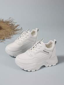 2025年新款白色皮革拼接高跟运动鞋白色运动鞋时尚百搭，厚底高跟系带运动鞋。 - 白色 - 查看 3