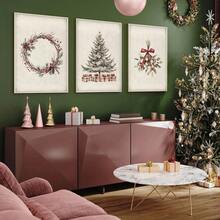 Zestaw 1/3 szt. Nieoprawionego, zabytkowego wieńca świątecznego z sosną, rustykalny plakat na ścianę do świątecznego festiwalu, wydruk na płótnie, minimalistyczny wystrój wiejskiego domu, rustykalny, zimowy, świąteczny, retro obraz do mieszkania, salonu, sypialni, nowoczesnej dekoracji domu