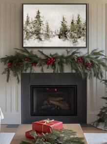 1 pieza Impresión de granja de estilo campestre invernal, arte de pared de paisaje nevado vintage de árboles de pino, arte de pared de paisaje rústico neutral de Navidad, arte de pared invernal, decoración de pared de árbol de Navidad vintage, arte de pared en lienzo, decoración navideña, arte de pared navideño, decoración de dormitorio, decoración de sala de estar