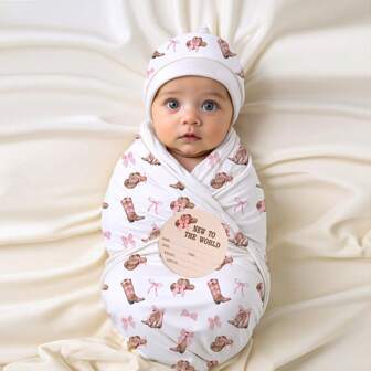 牛仔风格新生儿摄影襁褓套装，含“你好，世界”宝宝出生公告牌，婴儿摄影道具