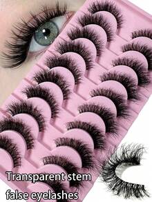 LYBCG 10Pairs Of Luxurious Fluffy False Eyelashes - Thick, Wispy, Clear Band Faux Mink Lashes 3D Volume, Reusable, Soft, Lightweight, Faux Mink Strip Lashes For Cosplay Manga Cat False Lashes Dramatic Eye Makeup Look - 黑色 - 查看 1