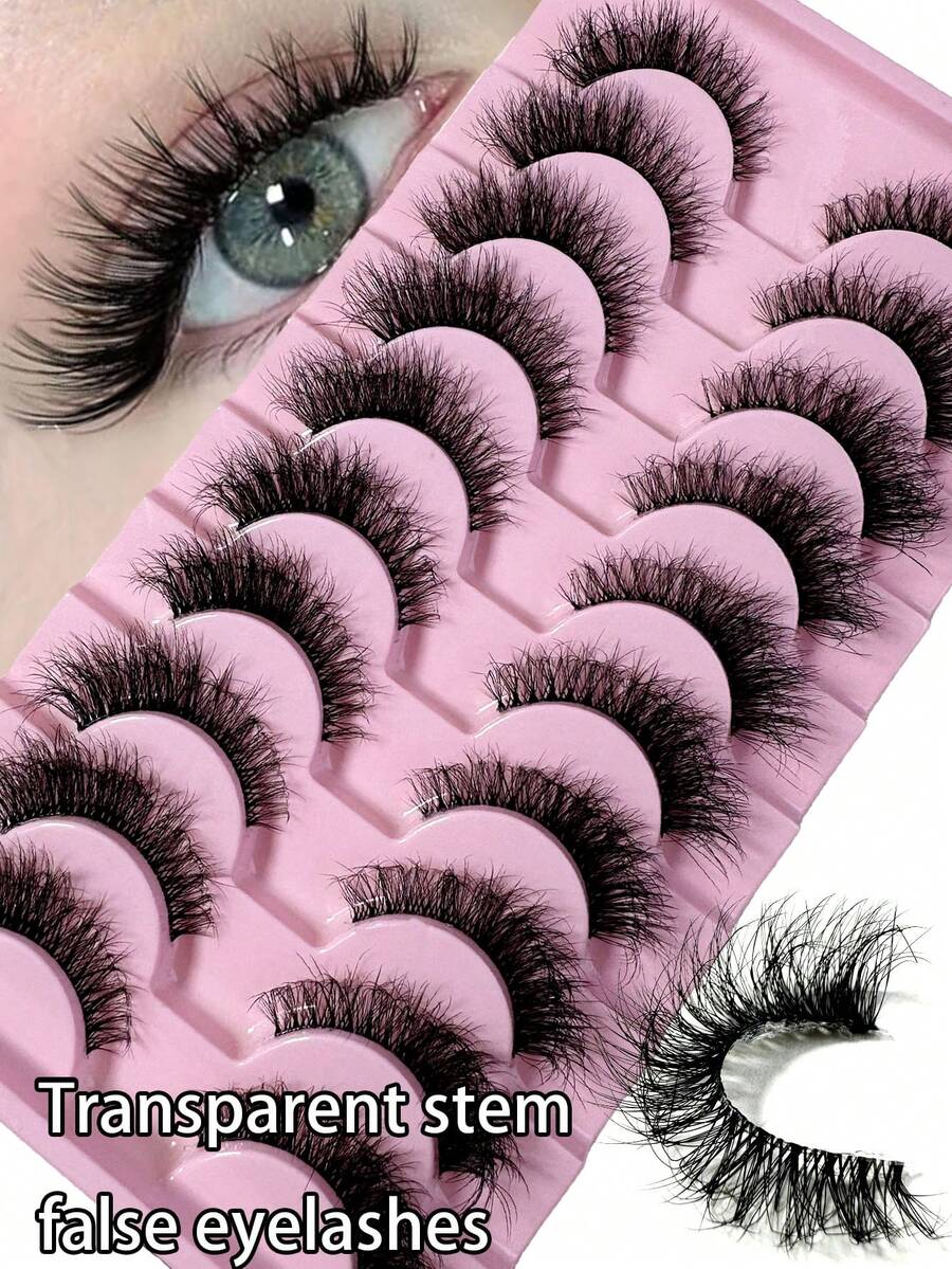 LYBCG 10Pairs Of Luxurious Fluffy False Eyelashes - Thick, Wispy, Clear Band Faux Mink Lashes 3D Volume, Reusable, Soft, Lightweight, Faux Mink Strip Lashes For Cosplay Manga Cat False Lashes Dramatic Eye Makeup Look - 黑色 - 查看 1
